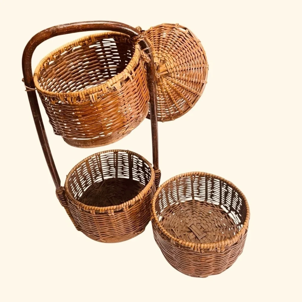 VTG Rattan Chinoiserie 3 Tier Basket with Handle | Rustic Wedding Sewing Basket